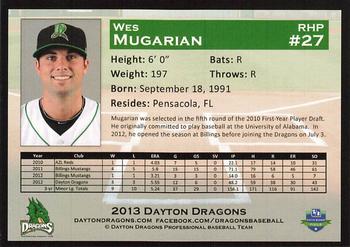 2013 Dayton Dragons #NNO Wes Mugarian Back