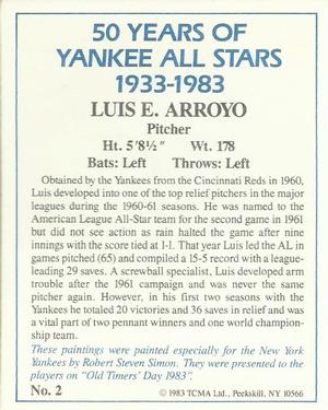 1983 TCMA 50 Years of New York Yankees All-Stars #2 Luis Arroyo Back