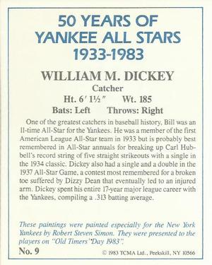 1983 TCMA 50 Years of New York Yankees All-Stars #9 Bill Dickey Back