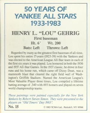 1983 TCMA 50 Years of New York Yankees All-Stars #15 Lou Gehrig Back