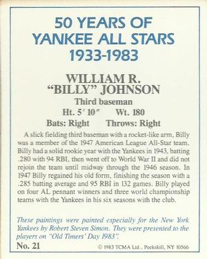 1983 TCMA 50 Years of New York Yankees All-Stars #21 Billy Johnson Back