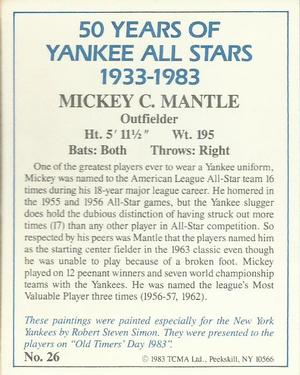 1983 TCMA 50 Years of New York Yankees All-Stars #26 Mickey Mantle Back