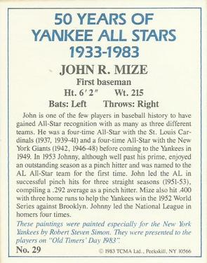 1983 TCMA 50 Years of New York Yankees All-Stars #29 Johnny Mize Back