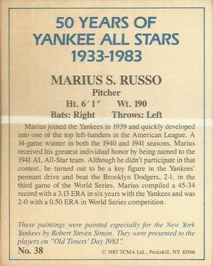 1983 TCMA 50 Years of New York Yankees All-Stars #38 Marius Russo Back