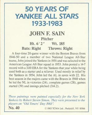 1983 TCMA 50 Years of New York Yankees All-Stars #40 Johnny Sain Back