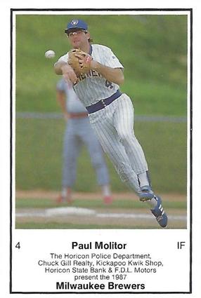 1987 Milwaukee Brewers Police - Horicon Police Department, Chuck Gill Realty, Kickapoo Kwik Shop, Horicon State Bank & F.D.L. Motors #NNO Paul Molitor Front