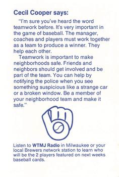 1987 Milwaukee Brewers Police - Marinette City PD and Marinette Neighborhood Watch #NNO Cecil Cooper Back