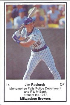 1987 Milwaukee Brewers Police - Menomonee Falls Police Department and F & M Bank #NNO Jim Paciorek Front
