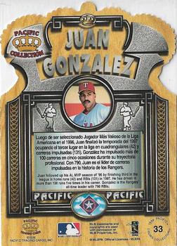 1998 Pacific - Gold Crown Die Cuts #33 Juan Gonzalez Back