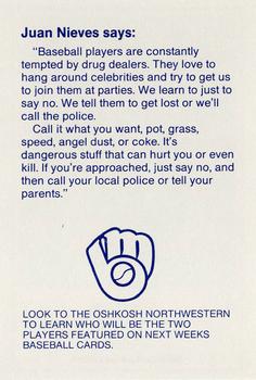 1987 Milwaukee Brewers Police - Oshkosh Police Department and McDonald's Of Oshkosh #NNO Juan Nieves Back