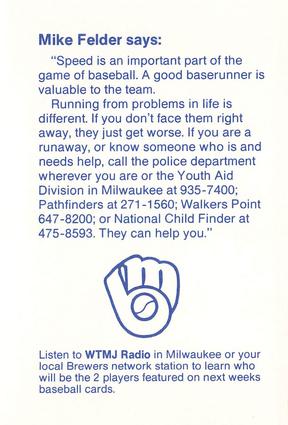 1988 Milwaukee Brewers Police - Fond du Lac Police Department & Shopko Stores #NNO Mike Felder Back