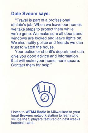 1988 Milwaukee Brewers Police - Horicon Police & Fire Depts, Horicon Lawn & Service Center, Sammy's Amoco & Self Service Laundry and Kwic Trip #NNO Dale Sveum Back