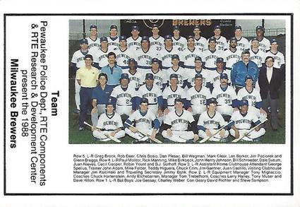 1988 Milwaukee Brewers Police - Pewaukee Police Dept, RTE Components & RTE Research & Development Center #NNO Milwaukee Brewers Team Photo Front