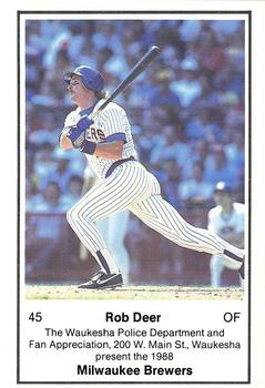 1988 Milwaukee Brewers Police - Waukesha Police Department and Fan Appreciation, 200 W. Main St., Waukesha #NNO Rob Deer Front