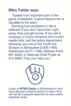 1988 Milwaukee Brewers Police - Waukesha Police Department and Fan Appreciation, 200 W. Main St., Waukesha #NNO Mike Felder Back