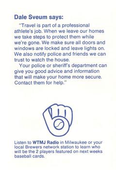 1988 Milwaukee Brewers Police - Waukesha Police Department and Fan Appreciation, 200 W. Main St., Waukesha #NNO Dale Sveum Back