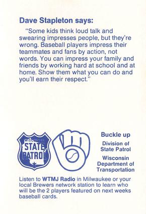 1988 Milwaukee Brewers Police - Wisconsin State Patrol #NNO Dave Stapleton Back
