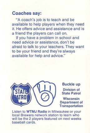 1988 Milwaukee Brewers Police - Wisconsin State Patrol #NNO Milwaukee Brewers Coaches Back
