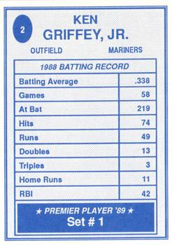 1989 Premier Player '89 Set # 1 (unlicensed) #2 Ken Griffey Jr. Back