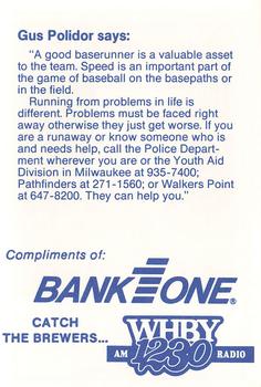 1989 Milwaukee Brewers Police - Appleton Police Department, BANK ONE, APPLETON, N.A. & AM 1230 WHBY Radio #NNO Gus Polidor Back
