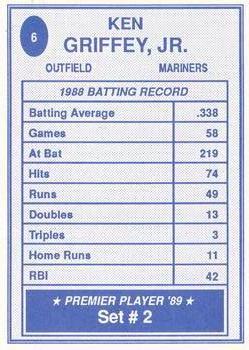 1989 Premier Player '89 Set # 2 (unlicensed) #6 Ken Griffey, Jr. Back