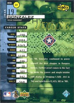 1999 UD Ionix - Hyper #H10 Juan Gonzalez  Back