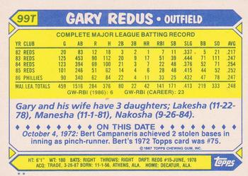 1987 Topps Traded #99T Gary Redus Back