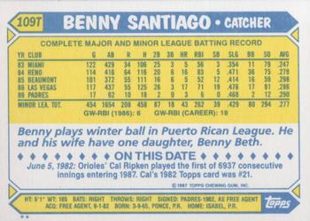 1987 Topps Traded #109T Benny Santiago Back