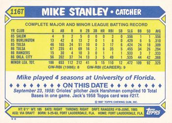 1987 Topps Traded #116T Mike Stanley Back