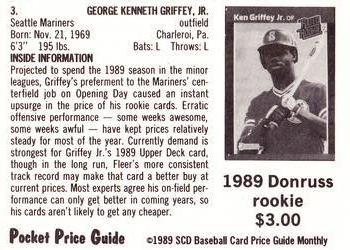 1989 SCD Baseball Card Price Guide Monthly #3 Ken Griffey Back
