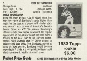 1989 SCD Baseball Card Price Guide Monthly #5 Ryne Sandberg Back