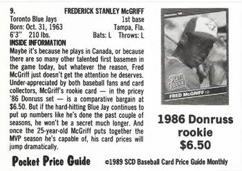 1989 SCD Baseball Card Price Guide Monthly #9 Fred McGriff Back