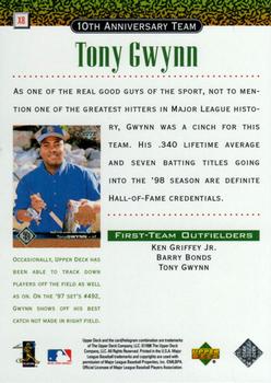 1999 Upper Deck - 10th Anniversary Team #X8 Tony Gwynn  Back