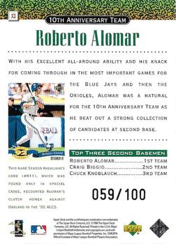 1999 Upper Deck - 10th Anniversary Team Triple #X3 Roberto Alomar  Back