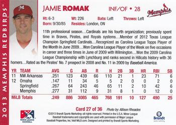 2013 Brandt Memphis Redbirds #27 Jamie Romak Back