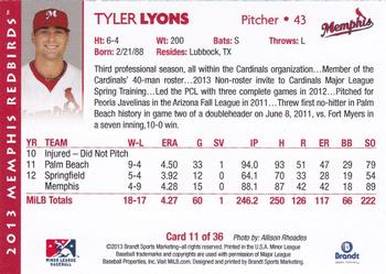 2013 Brandt Memphis Redbirds #11 Tyler Lyons Back
