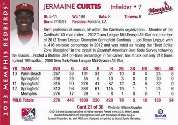 2013 Brandt Memphis Redbirds #21 Jermaine Curtis Back