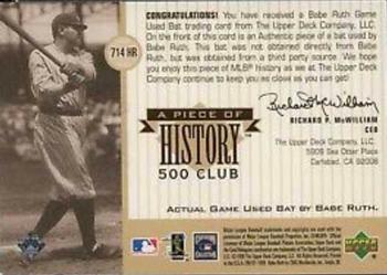 1999 Upper Deck - A Piece of History 500 Club: Babe Ruth #NNO Babe Ruth Back
