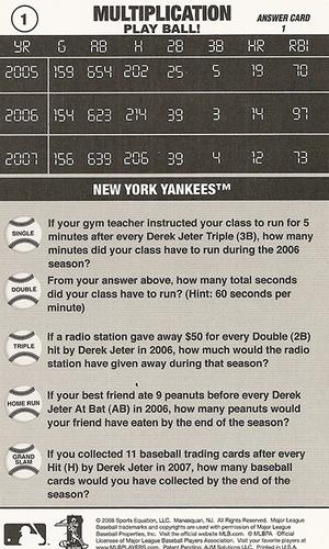 2008 Sports Equation Math Learning Cards: Multiplication & Division #1 Derek Jeter Back
