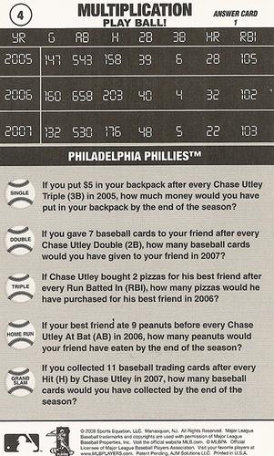 2008 Sports Equation Math Learning Cards: Multiplication & Division #4 Chase Utley Back