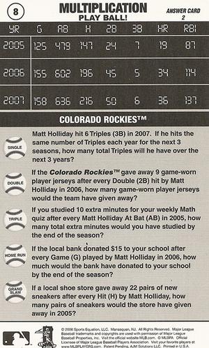 2008 Sports Equation Math Learning Cards: Multiplication & Division #8 Matt Holliday Back