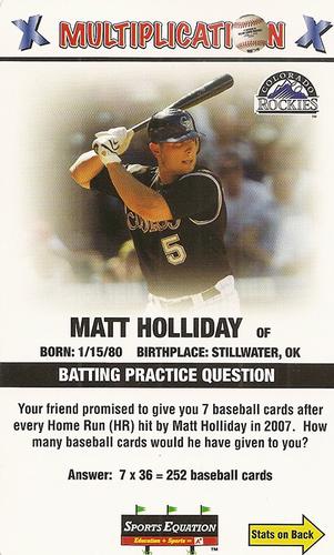 2008 Sports Equation Math Learning Cards: Multiplication & Division #8 Matt Holliday Front