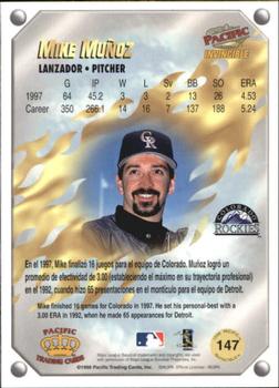 1998 Pacific Invincible - Gems of the Diamond #147 Mike Munoz Back