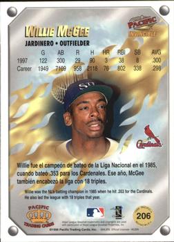 1998 Pacific Invincible - Gems of the Diamond #206 Willie McGee Back