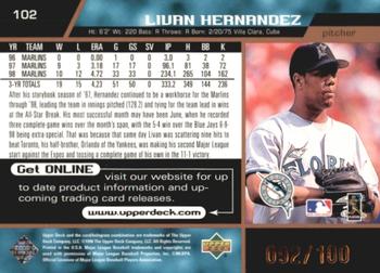 1999 Upper Deck - Exclusives Bronze #102 Livan Hernandez  Back