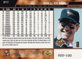 1999 Upper Deck - Exclusives Bronze #317 Will Clark  Back