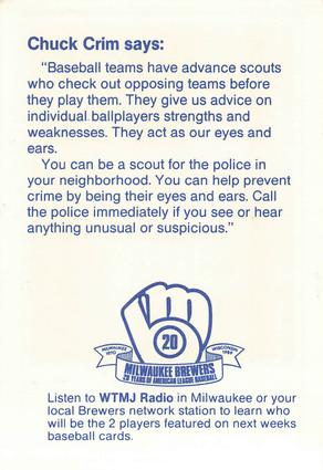 1989 Milwaukee Brewers Police - Caledonia PD #NNO Chuck Crim Back