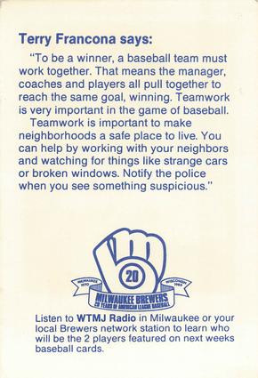 1989 Milwaukee Brewers Police - Caledonia PD #NNO Terry Francona Back