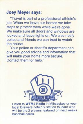 1989 Milwaukee Brewers Police - Caledonia PD #NNO Joey Meyer Back