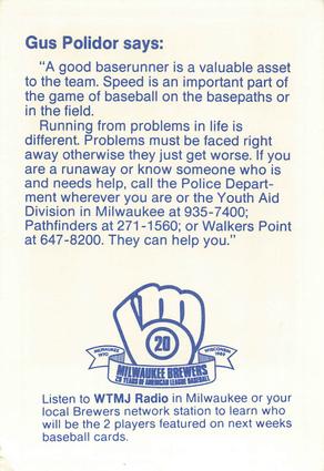 1989 Milwaukee Brewers Police - Caledonia PD #NNO Gus Polidor Back